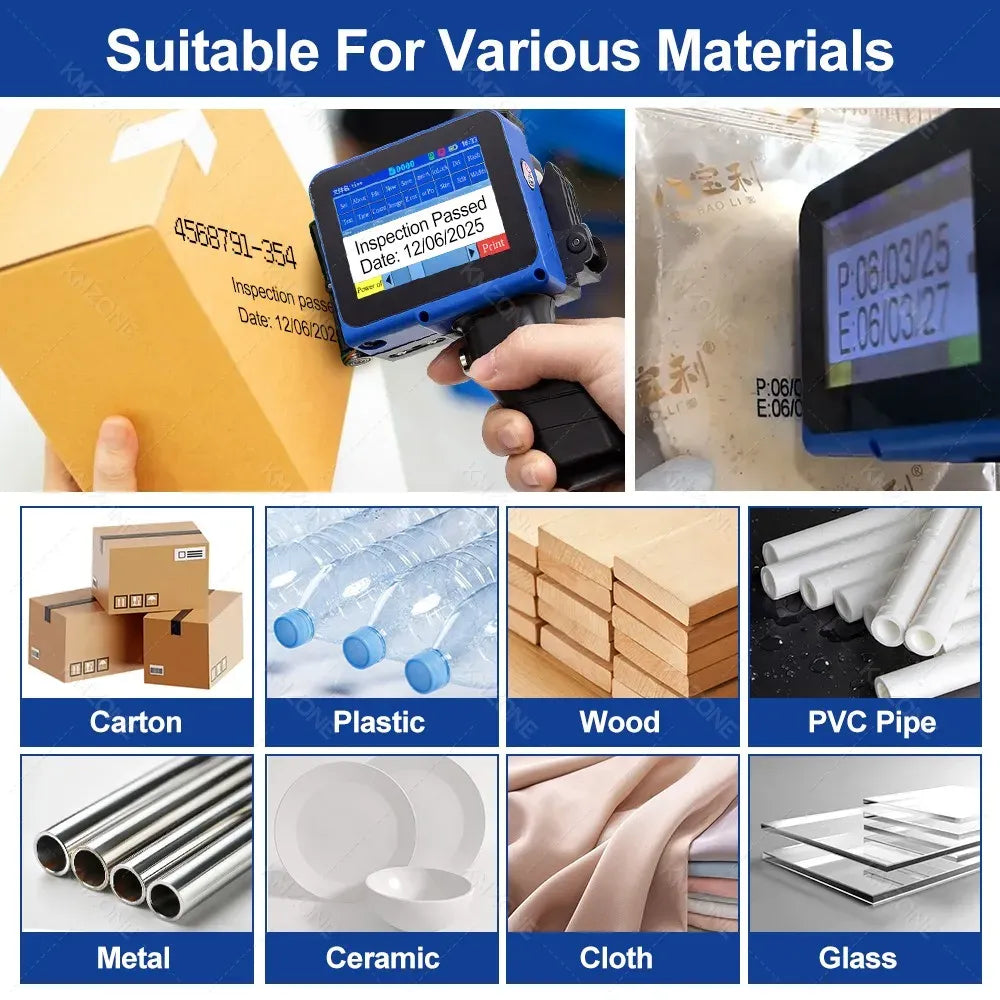 Mini inkjet printer applying print on packaging surfaces; blue and black handheld unit