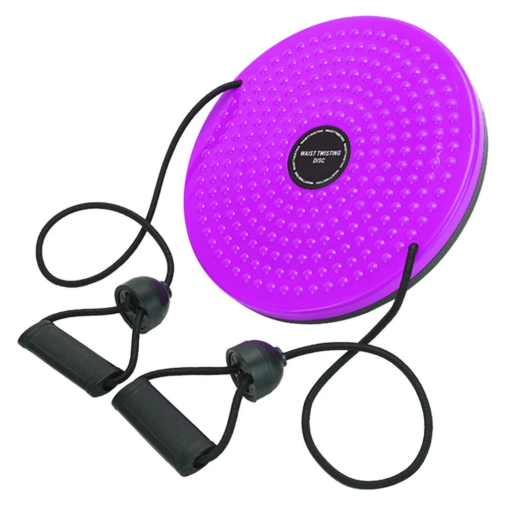 Purple circular plastic waist twisting disc with textured surface and two attached black resistance bands with handles.