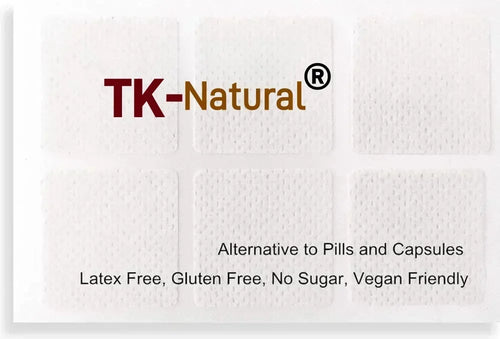 TK-Natural transdermal patches array on white backing with latex-free and vegan notes