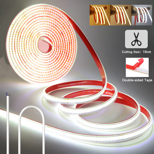 Flexible COB LED strip light on roll with red cable and white light output