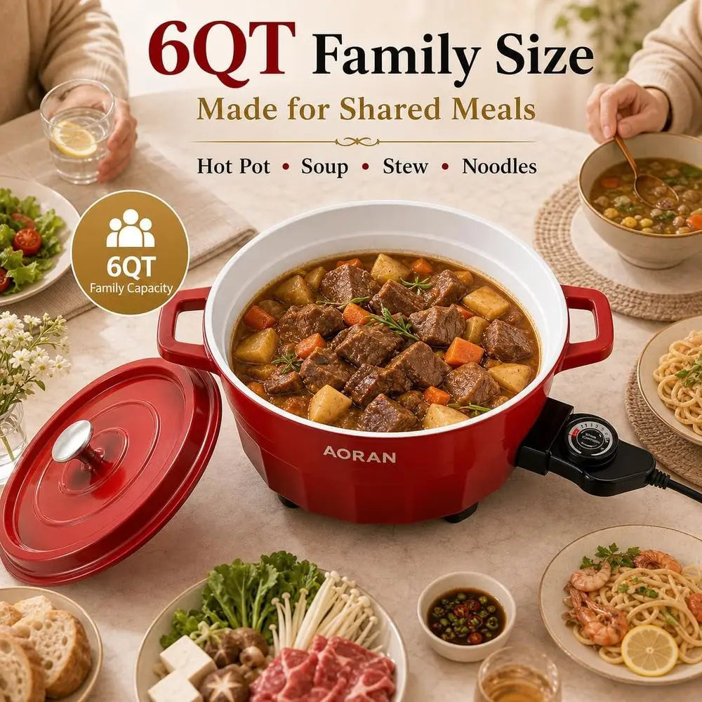 Red electric hot pot cooker with lid and cooking contents, large 6QT pot