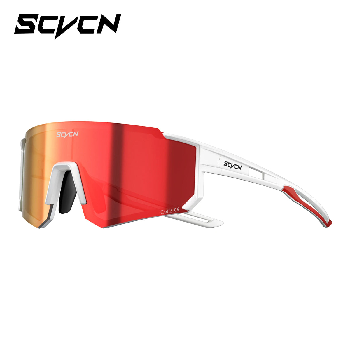 Cycling sunglasses, red mirrored lens with white frame and side shield