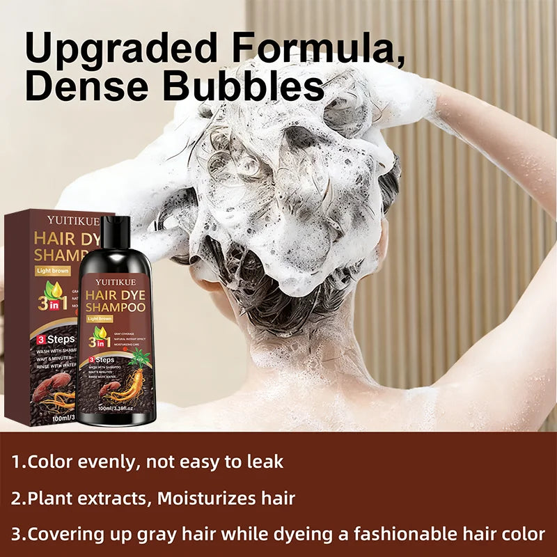 YUITIKUE 3-in-1 Hair Dye Shampoo - Light Brown, Gentle Plant Formula, Easy To Use At Home, Moisturizes Hair, 100ml