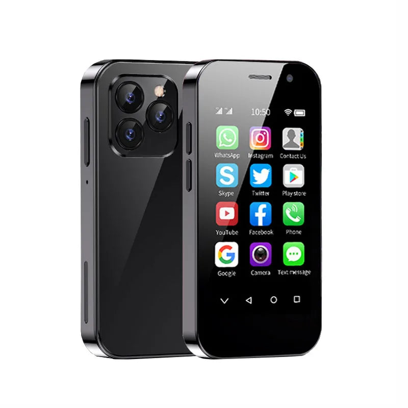 Black mini smartphone with triple rear cameras and front app icons, back view and hand