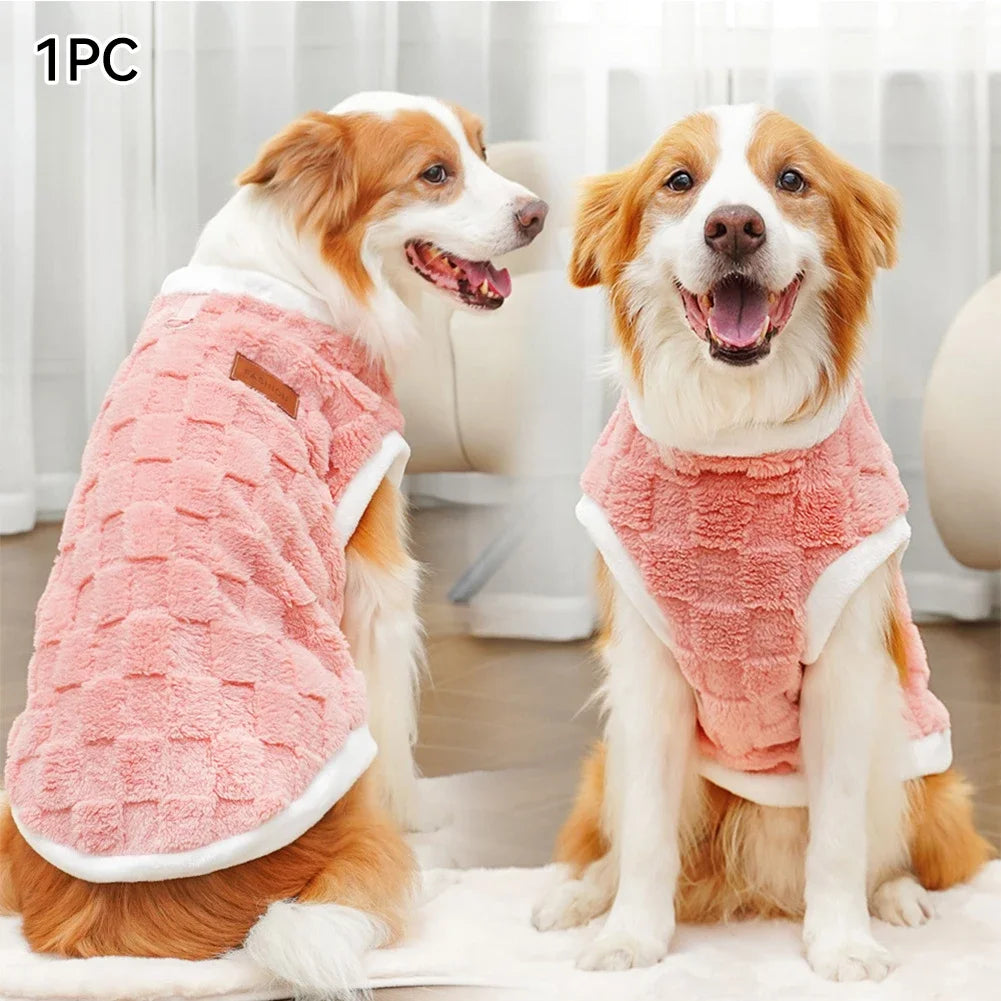 Cozy pink fleece dog sweater for winter. Warm, soft pullover vest for small to large dogs. Comfortable pet winter wear.