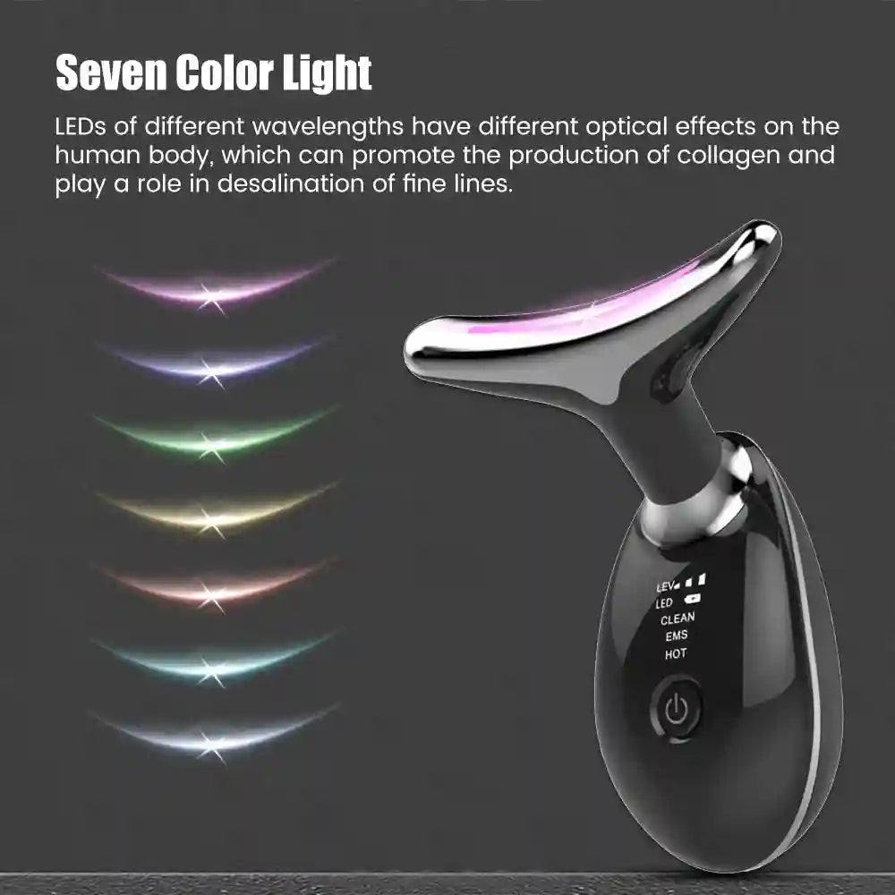 Black, T-shaped facial and neck massager with a sleek, ergonomic design and seven LED light therapy modes.