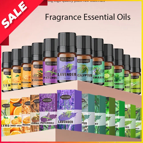 Mejisoo essential oil bottles and boxes for aromatherapy. Assorted scents like lavender and citrus in amber glass.