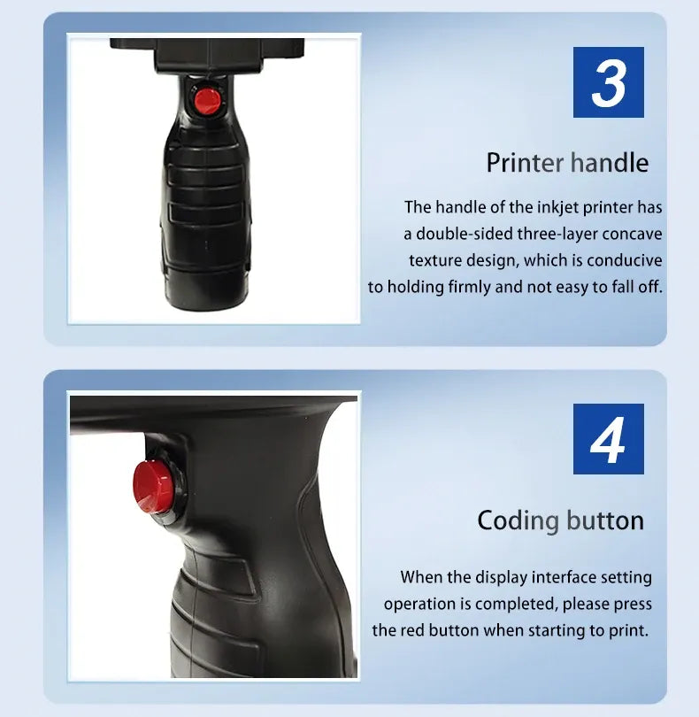 Handheld inkjet printer handle with red button detail, black housing