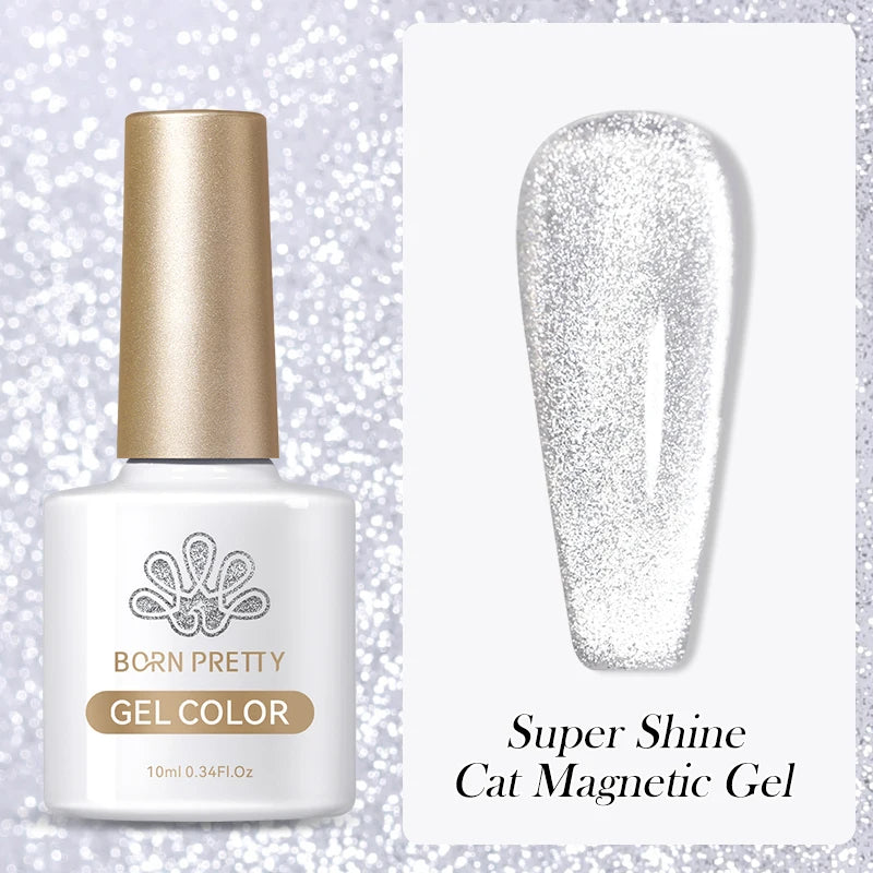 10ml bottle of silver cat magnetic gel polish with a gold cap and a swatch showing a shimmery, reflective finish.