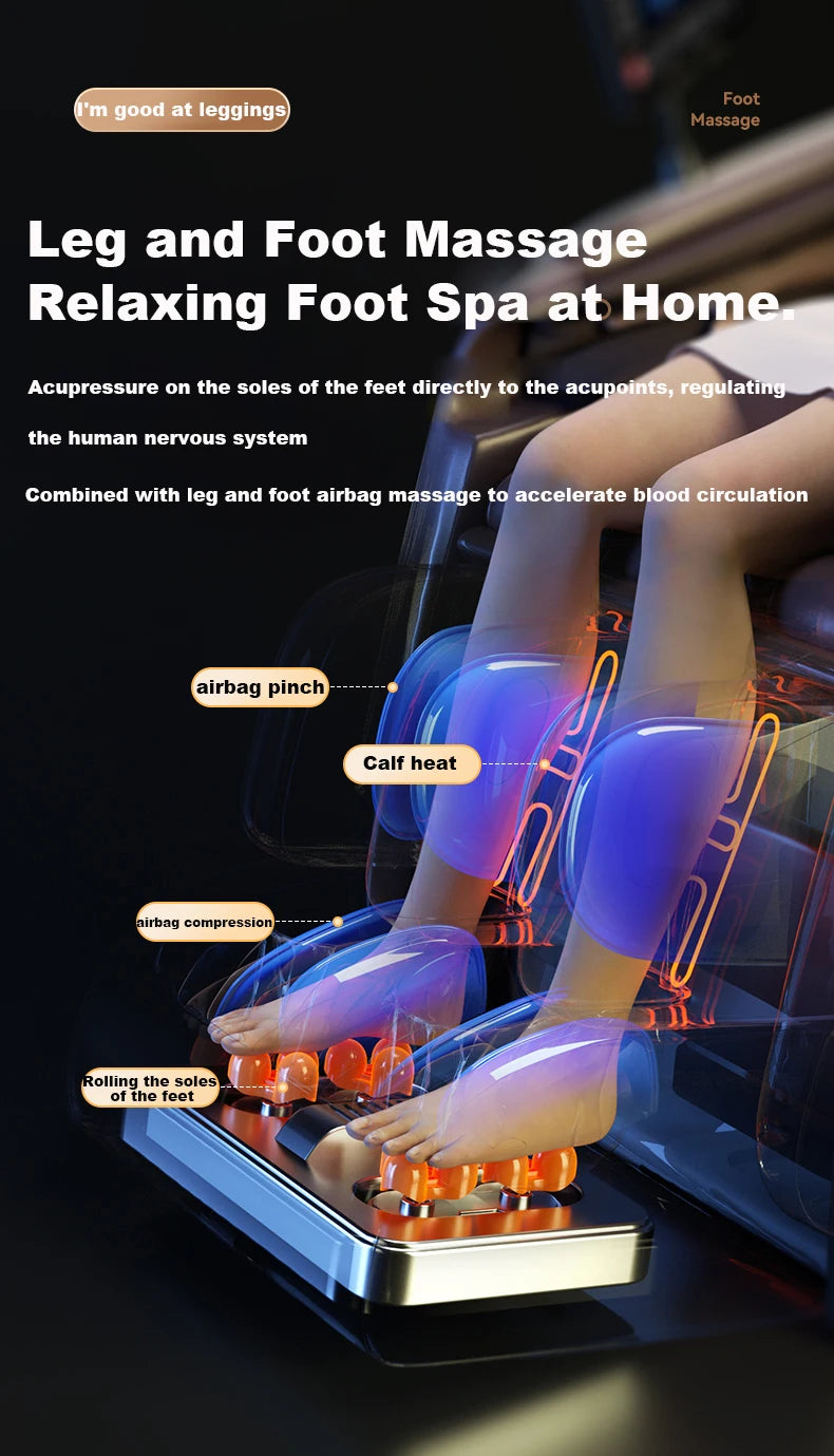Gray leg and foot massage chair with foot rollers and airbag heat pads