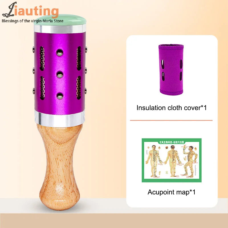 Purple jade facial massage device with wood handle for hot compress, moxibustion therapy, insulation cover, and chart.