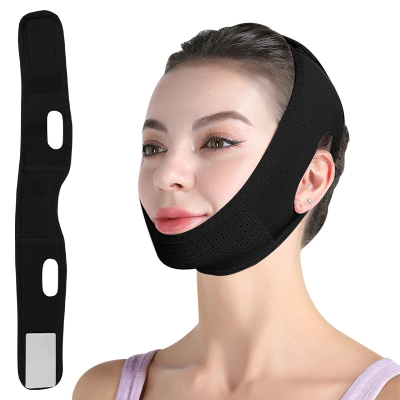 Black, perforated fabric face-slimming strap shown on a woman and separately as a flat product view.