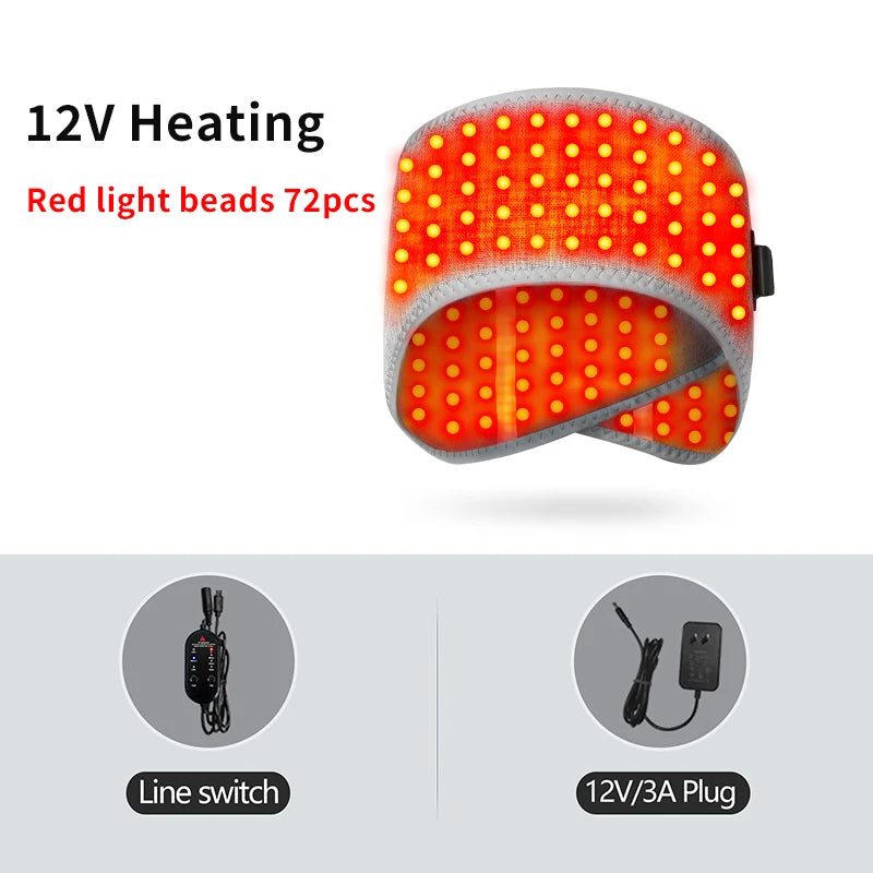 Heated red light therapy headband for migraine relief with 72 LED beads, 3 heat settings, controller, and 12V plug.