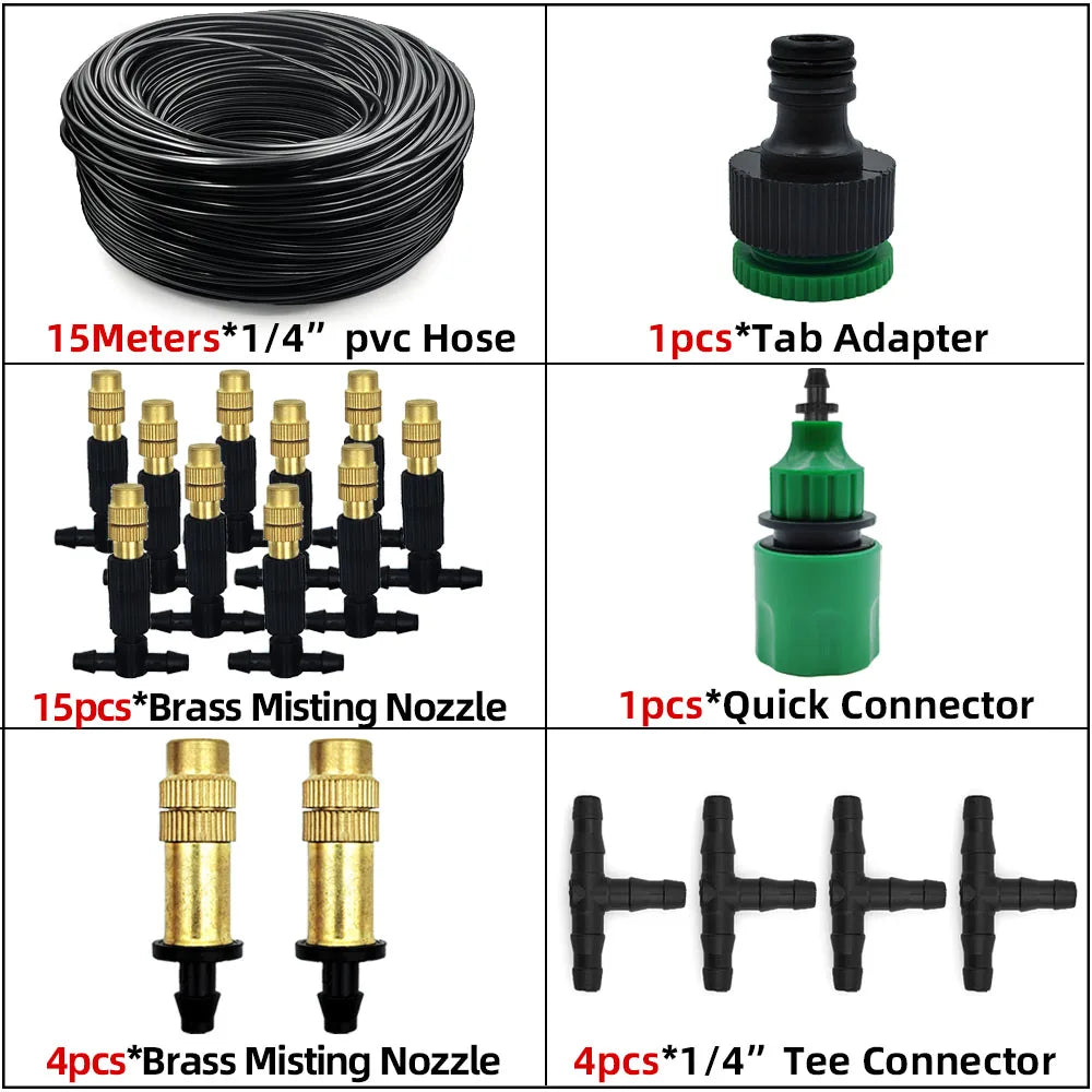 Outdoor misting hose kit with 15m black tubing, brass misting nozzles, green connector, tees.