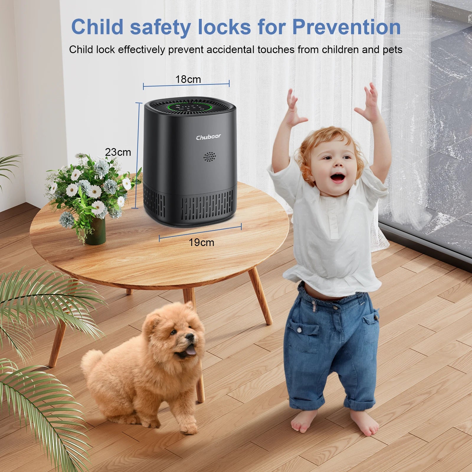 Chuboor desktop air purifier with child lock for pet dander, smoke, and dust safety in a home or office.