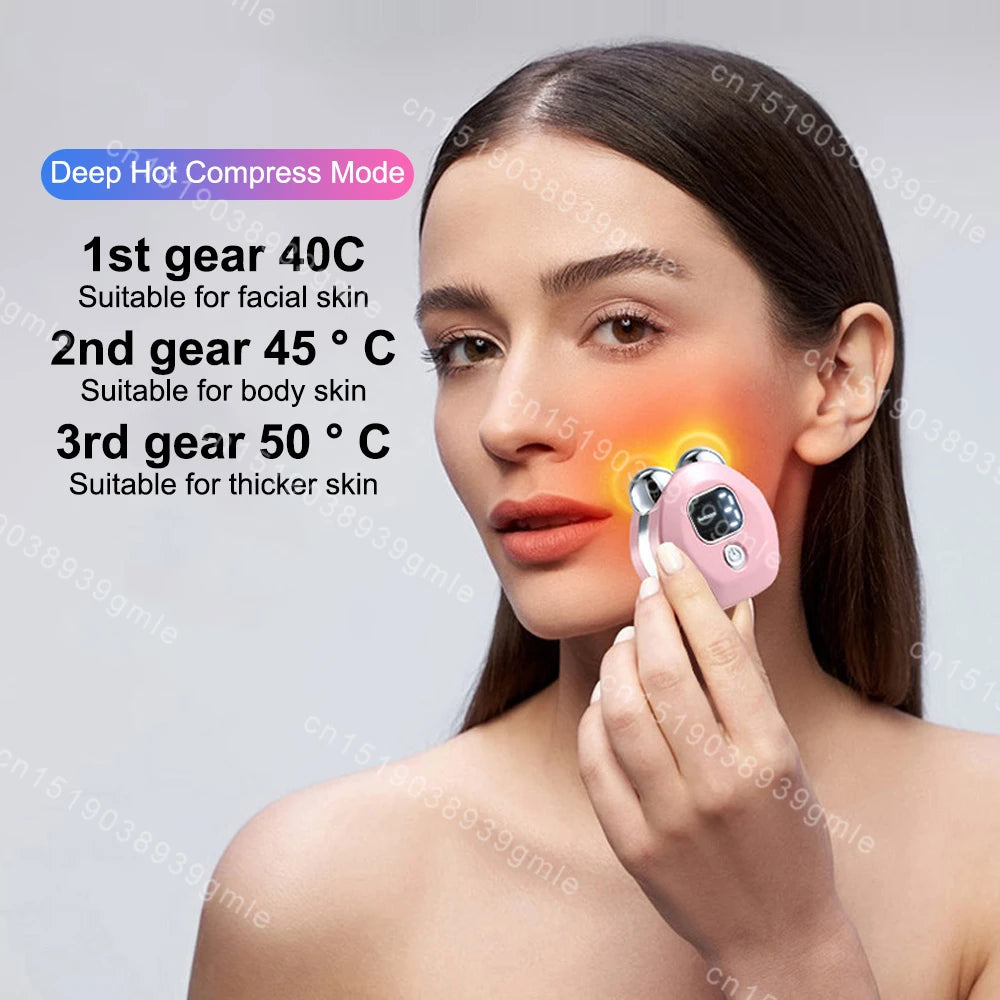 A woman using a compact pink, dual-roller facial massager device on her cheek with an overlaid hot compress text guide.