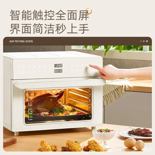 White air frying oven with digital control panel and hand touching the buttons