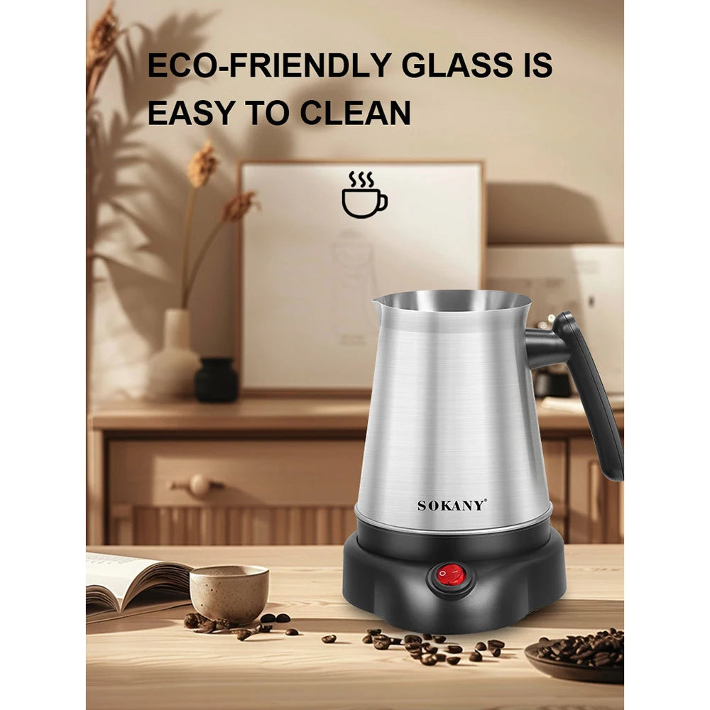 Sokany stainless steel electric coffee maker on a black base with a red power switch on a wooden tabletop.