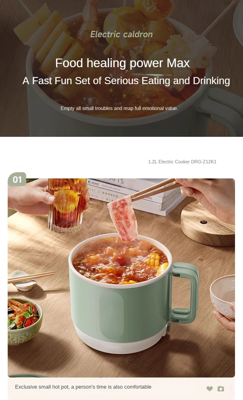 Mint green electric hot pot on tabletop, filled with red soup and served with ladle