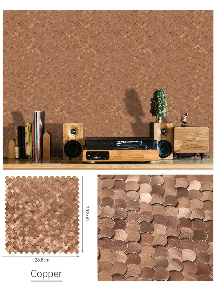 Fan-shaped peel-and-stick backsplash tiles, copper scallop texture