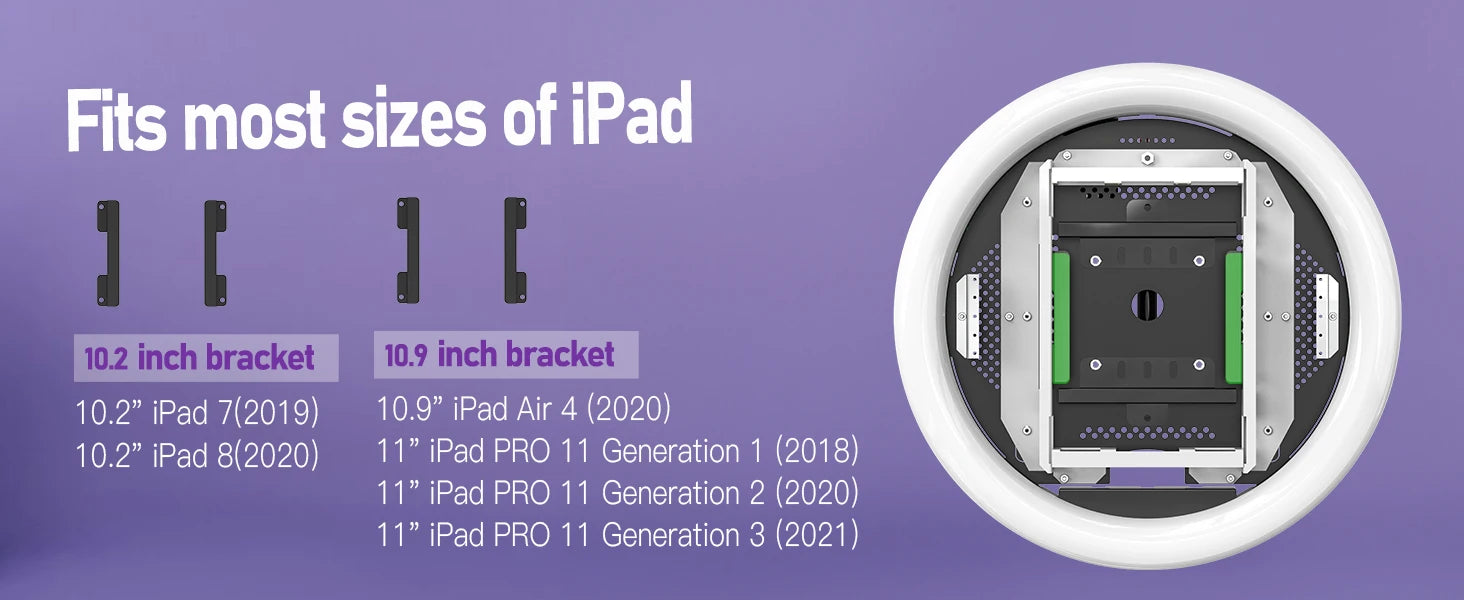 iPad mounting bracket kit with 10.2 and 10.9-inch options for securing tablets inside a circular ring light frame.