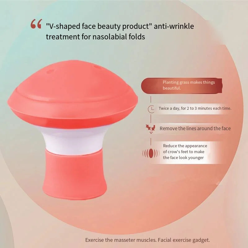 Mushroom-shaped silicone facial exerciser in red and white with infographic text about wrinkle reduction.