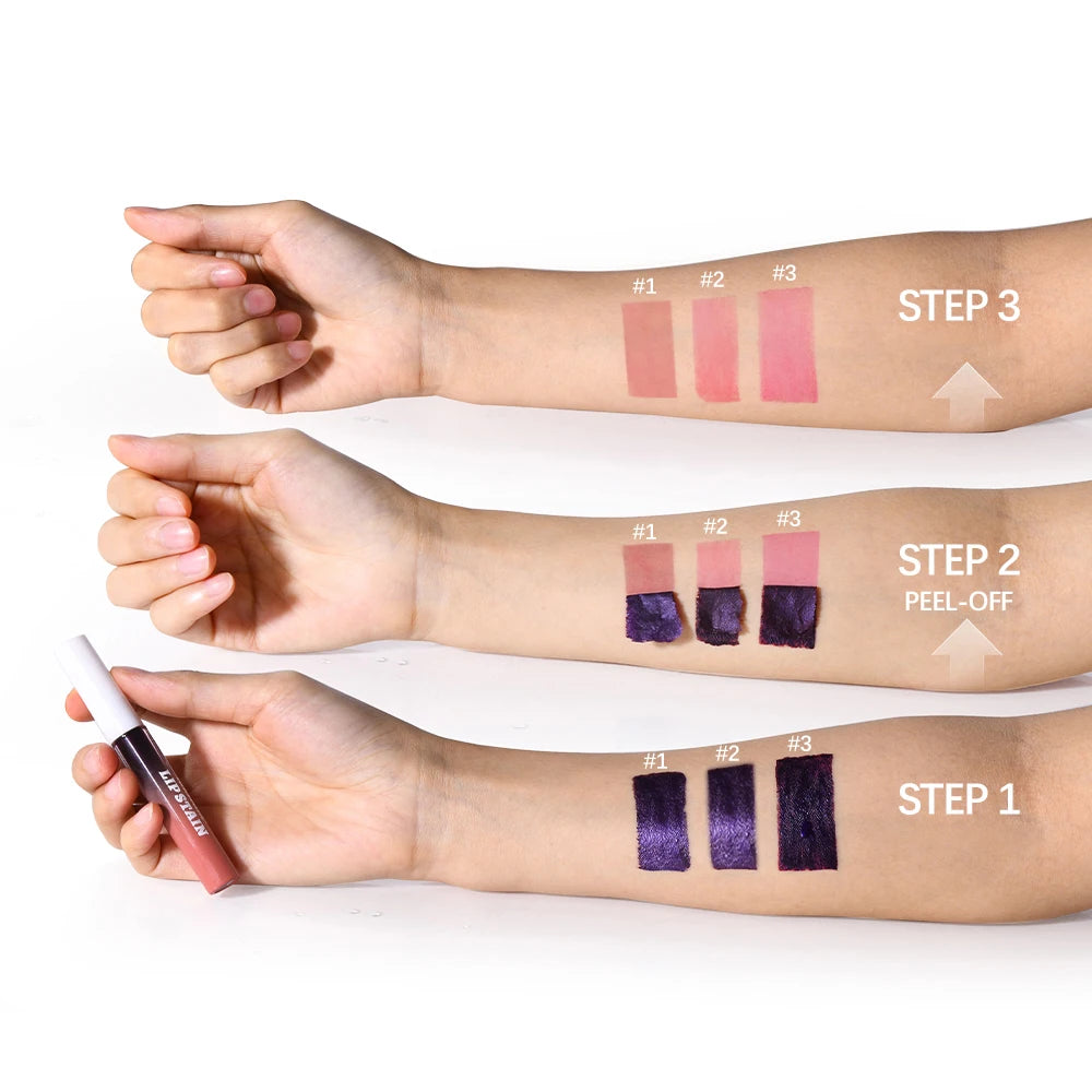 Waterproof peel-off lip stain with matte finish showing three-step application and natural pink color swatches on skin.