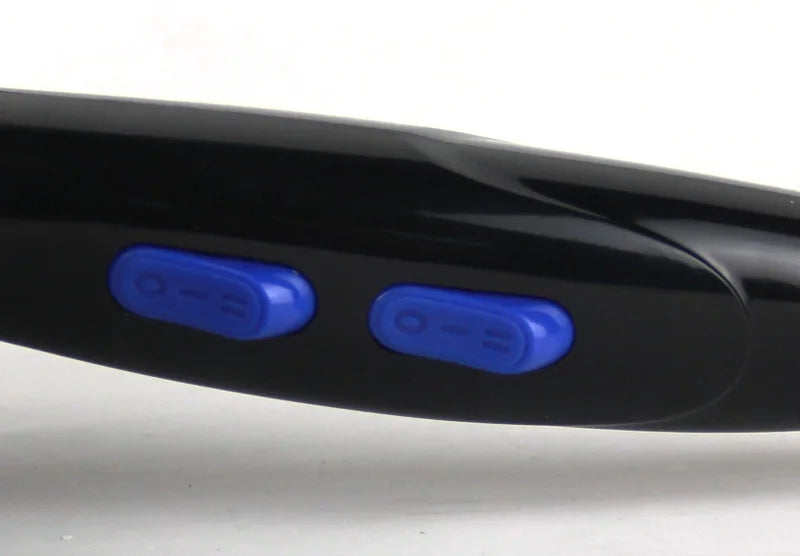 Black professional hair dryer handle with blue multi-speed control switches for hot and cold air settings.