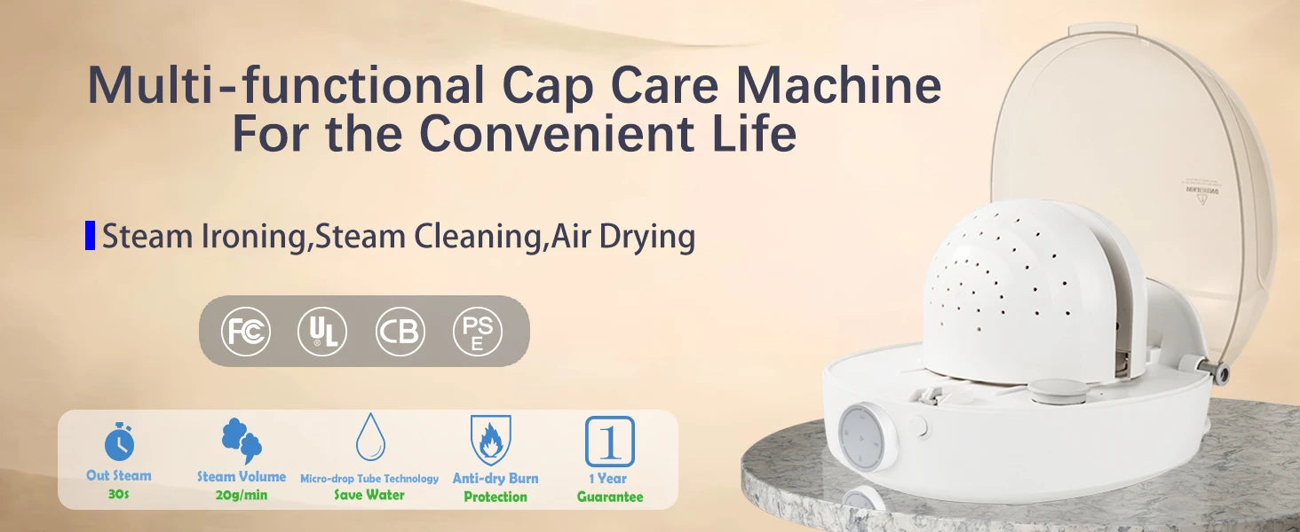 Tidesmit automatic cap cleaner featuring steam cleaning, ironing, and drying functions for baseball and bucket hats.