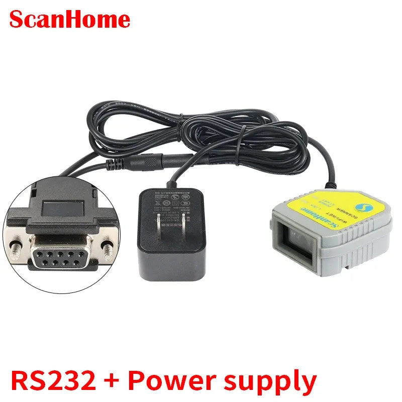 ScanHome fixed-mount barcode scanner with RS232 connector and power supply cable
