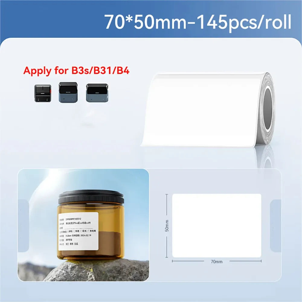White label sticker roll, 70x50mm, 145 pcs per roll, self-adhesive for B4