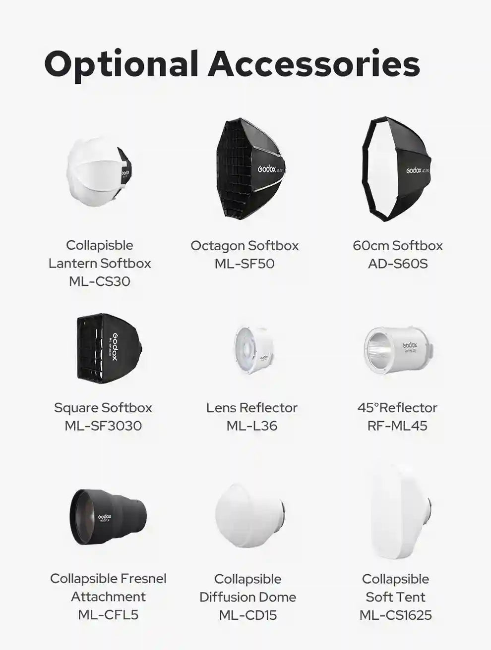 Grid of nine photography light modifiers including softboxes, reflectors, a fresnel attachment, and diffusion domes.