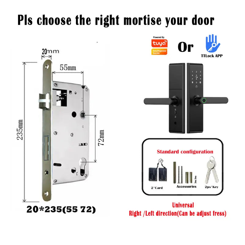 Keyless Tuya Bluetooth APP Digital Biometric Fingerprint Electric Smart Door Handle Key Card Lock with 5050 72 85 Mortise