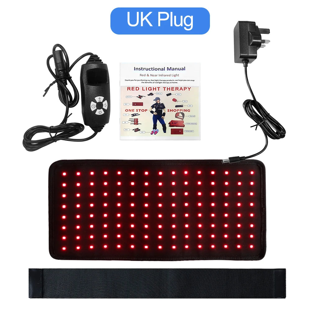 120 LED red light therapy waist belt for back pain relief, featuring UK plug, controller, and manual for home use.