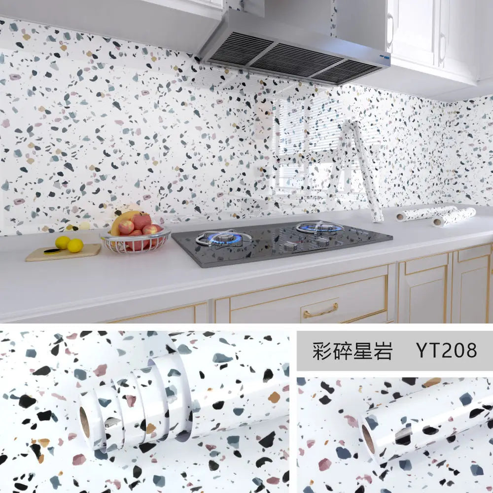 Self-adhesive speckled marble wallpaper roll, white background with black fragments