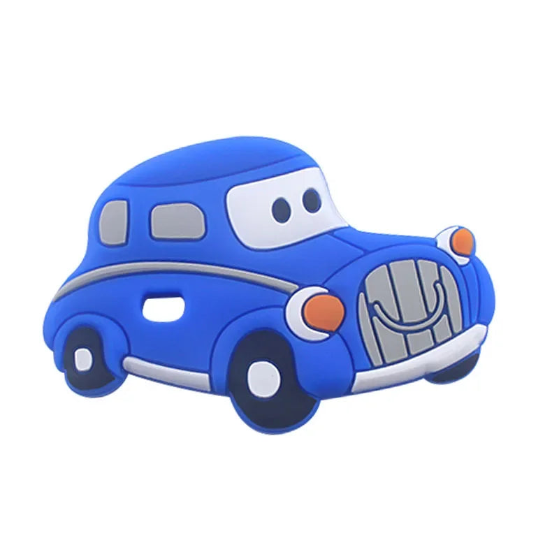 Blue car silicone baby teething toy for soothing sore gums.