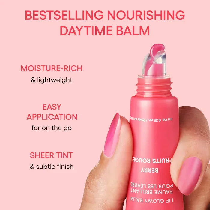 Laneige Berry Lip Glowy Balm tube with pink sheer tint, moisturizing glossy texture, and easy-to-apply applicator tip.