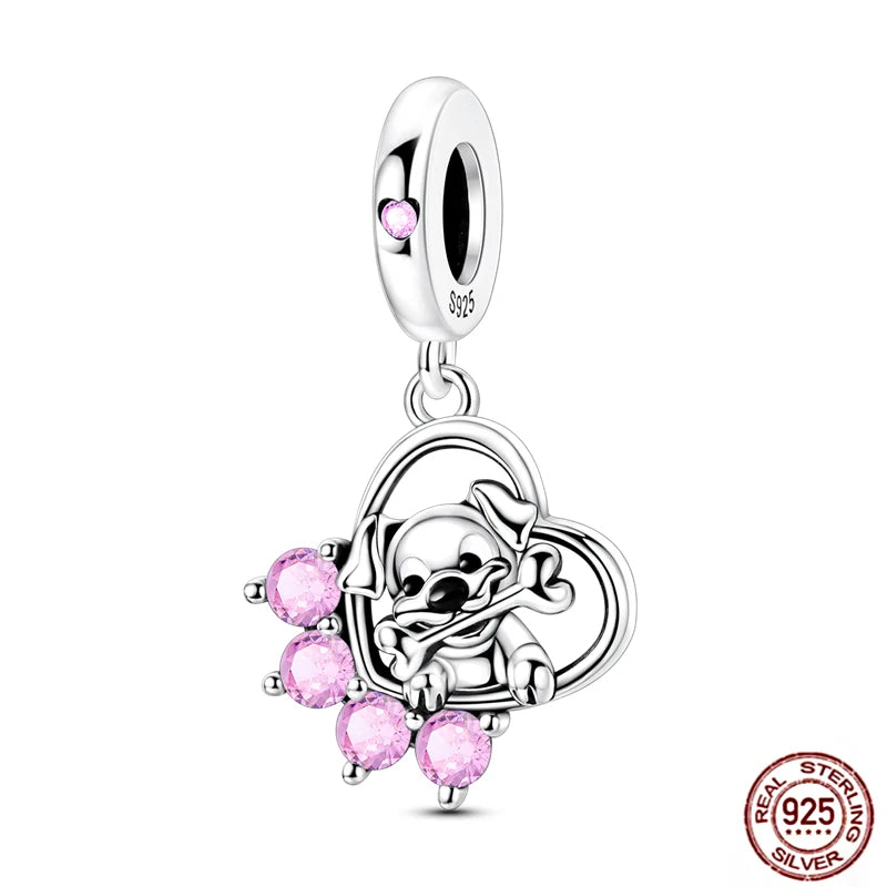 925 Sterling Silver puppy charm with pink crystals, perfect for custom pet-themed bracelets and DIY jewelry gifts.