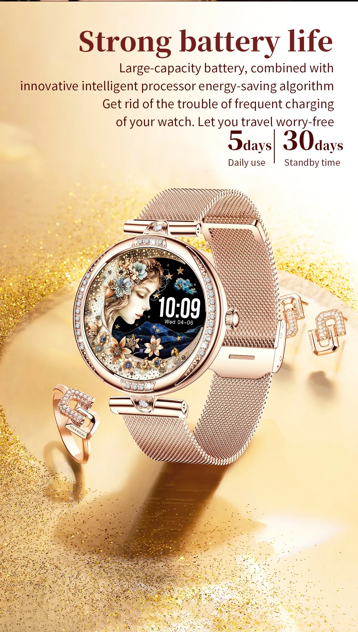 LIGE New Women Watch 1.19" 390*390 AMOLED Display Heart Rate Blood Oxygen Monitoring Bluetooth Call Fashion Diamond Smartwatch