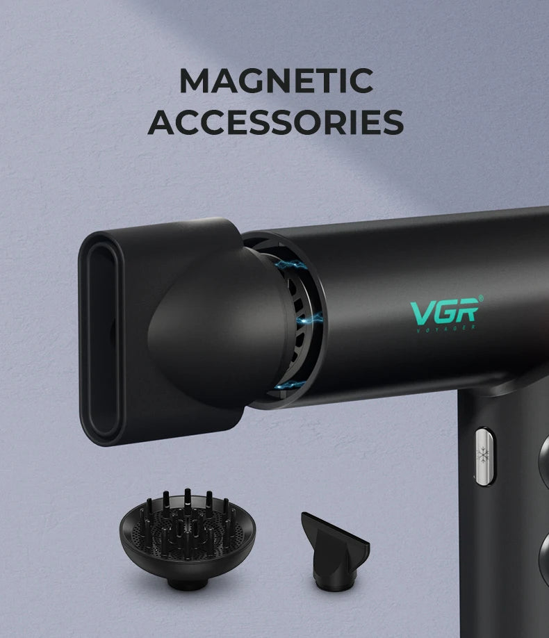 Black VGR professional hair dryer V-401 with magnetic styling nozzles and diffuser for ionic hair drying.
