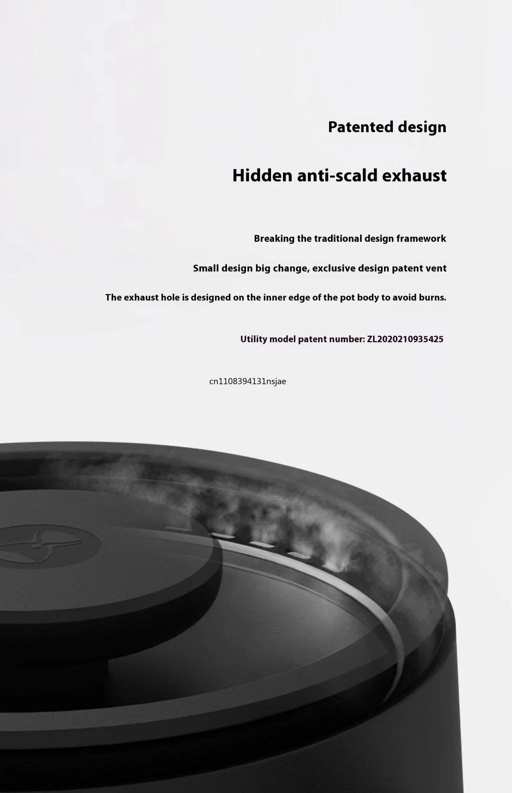 Matte black electric kettle lid with patented inner edge anti-scald steam exhaust vent design.
