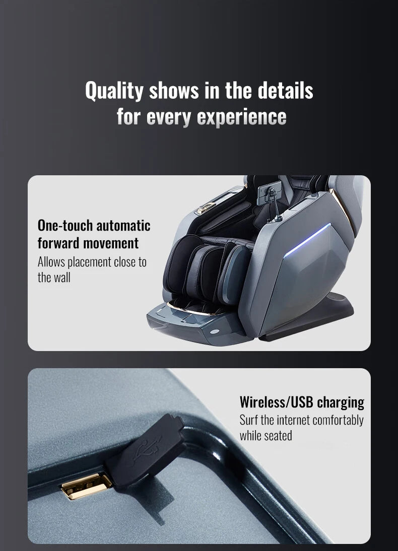 Modern grey 4D massage chair featuring a sleek, space-saving design with a built-in USB charging port.