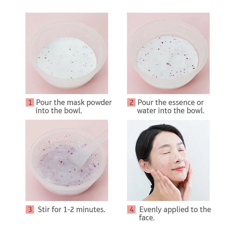 Four-step instructional guide on mixing and applying a rose petal jelly face mask, showing the process from powder.