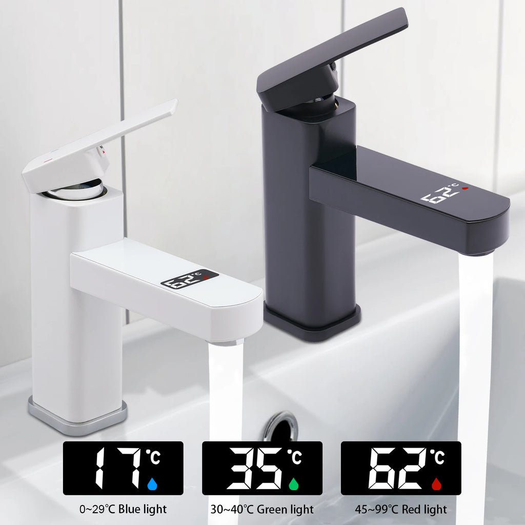 Black/White LED's Smart 0-99°C Temperature Digital Display Faucet 10.5*17.5cm G1/2" Deck Mount Basin Faucet