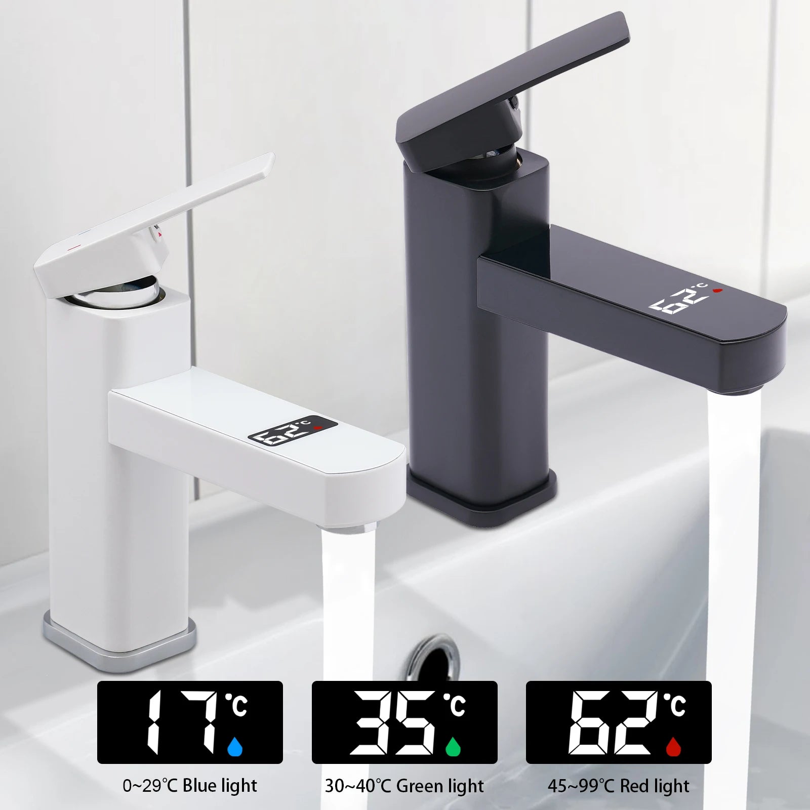 Black/White LED's Smart 0-99°C Temperature Digital Display Faucet 10.5*17.5cm G1/2" Deck Mount Basin Faucet
