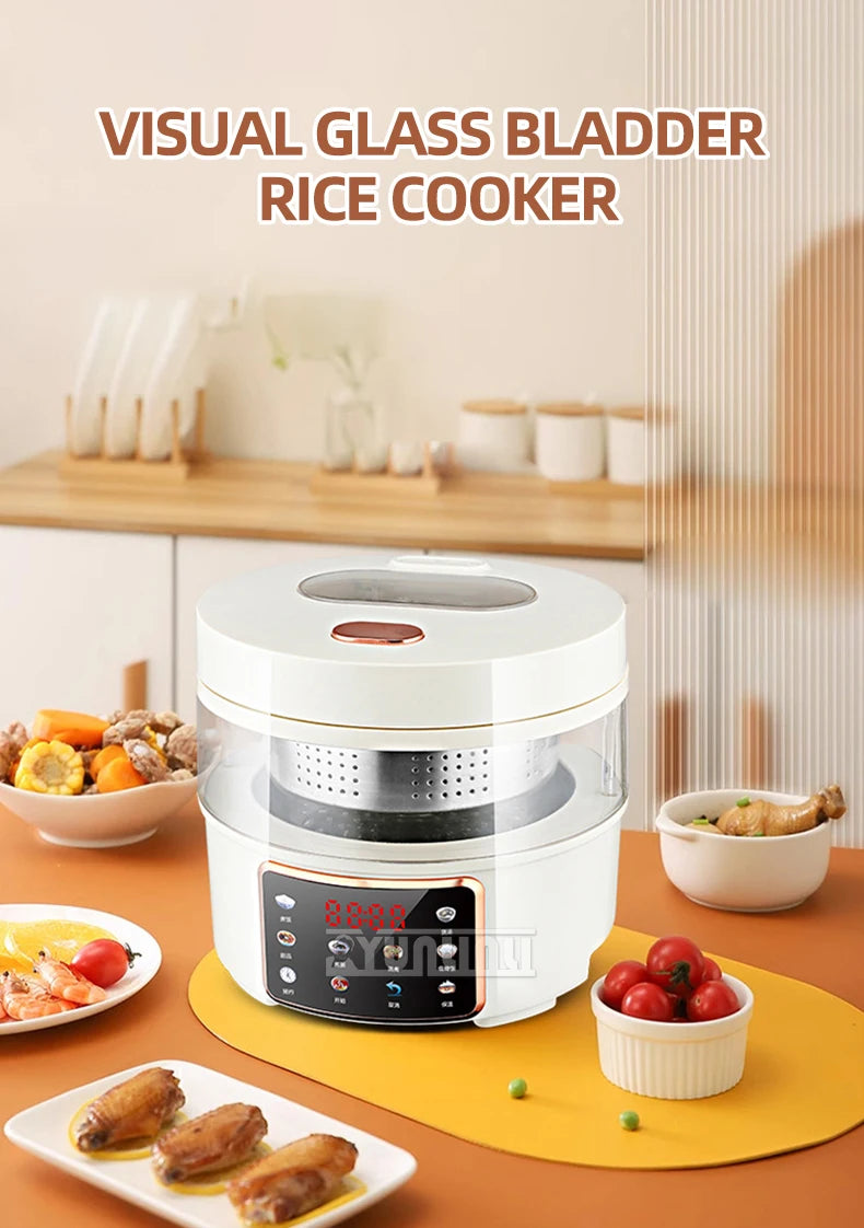 Visual glass rice cooker with clear lid and white body, featuring a red-lit touch panel