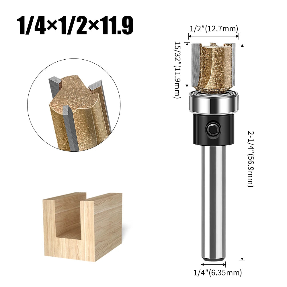 3-edge straight router bit with bearing, 6.35mm shank, gold carbide, 1/4x1/2x11.9