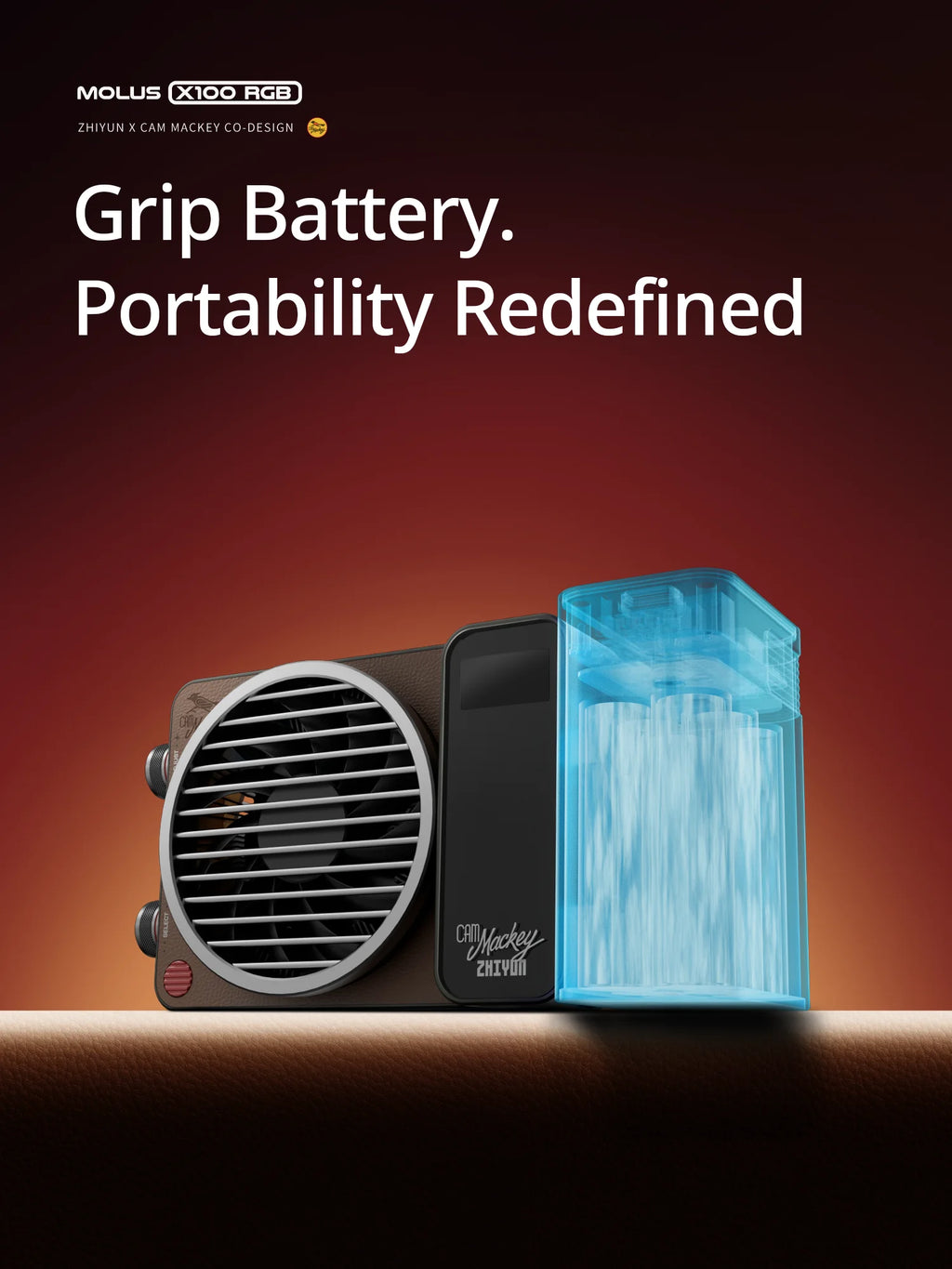 A portable brown fan light and a detachable translucent blue rectangular battery pack for handheld photography lighting.