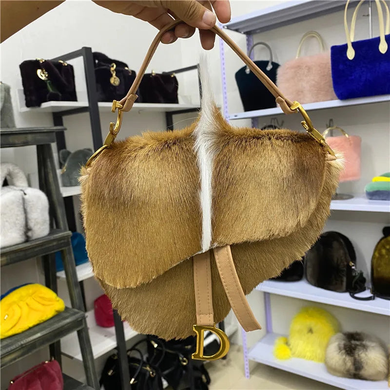 Tote Bag Women's Wool Cashmere Turf Leather Handle Contrast Color Handbag 2025 Luxury Brand High-end Large Capacity Shoulder Bag