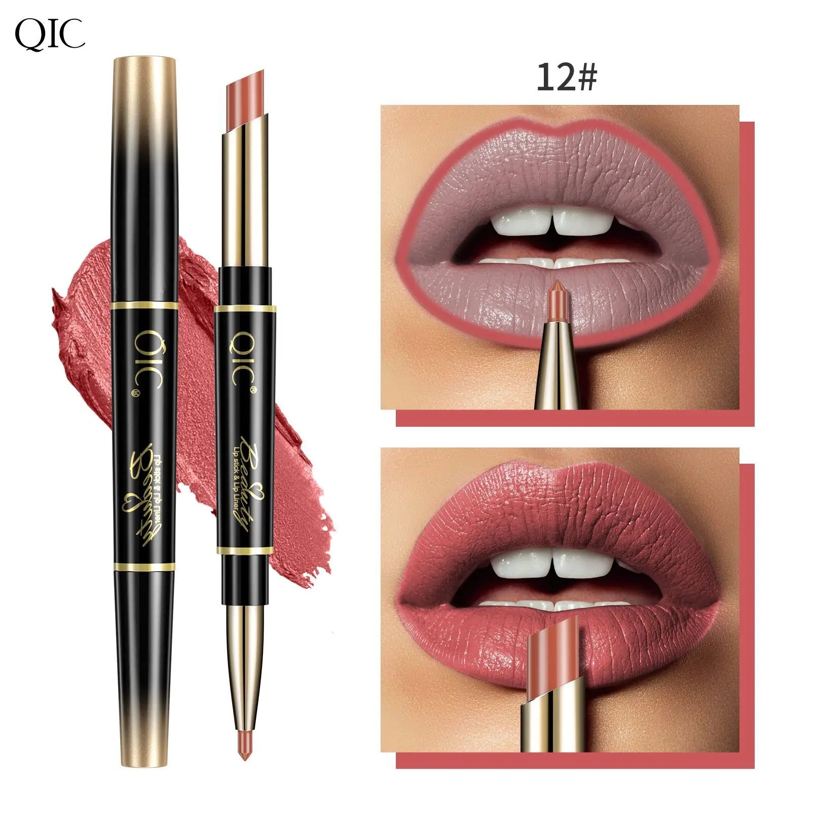 2-in-1 waterproof matte lipstick and lip liner pencil in a long-lasting nude shade with a double-ended applicator.